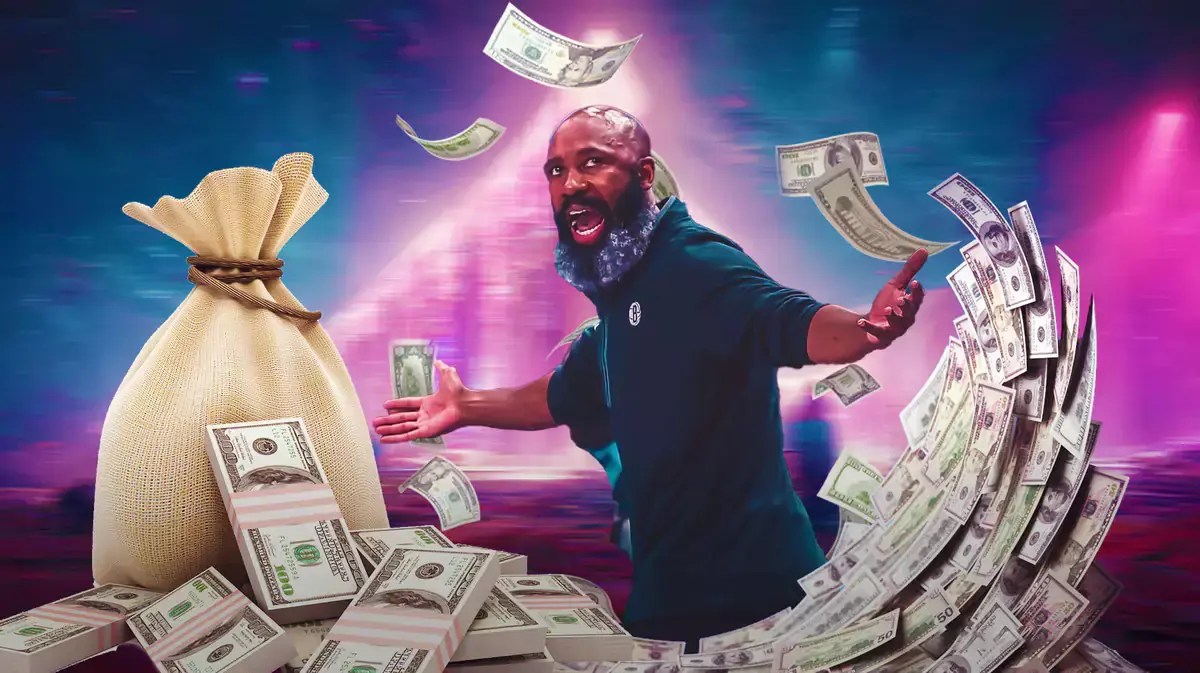Jacque Vaughn surrounded by piles of cash.