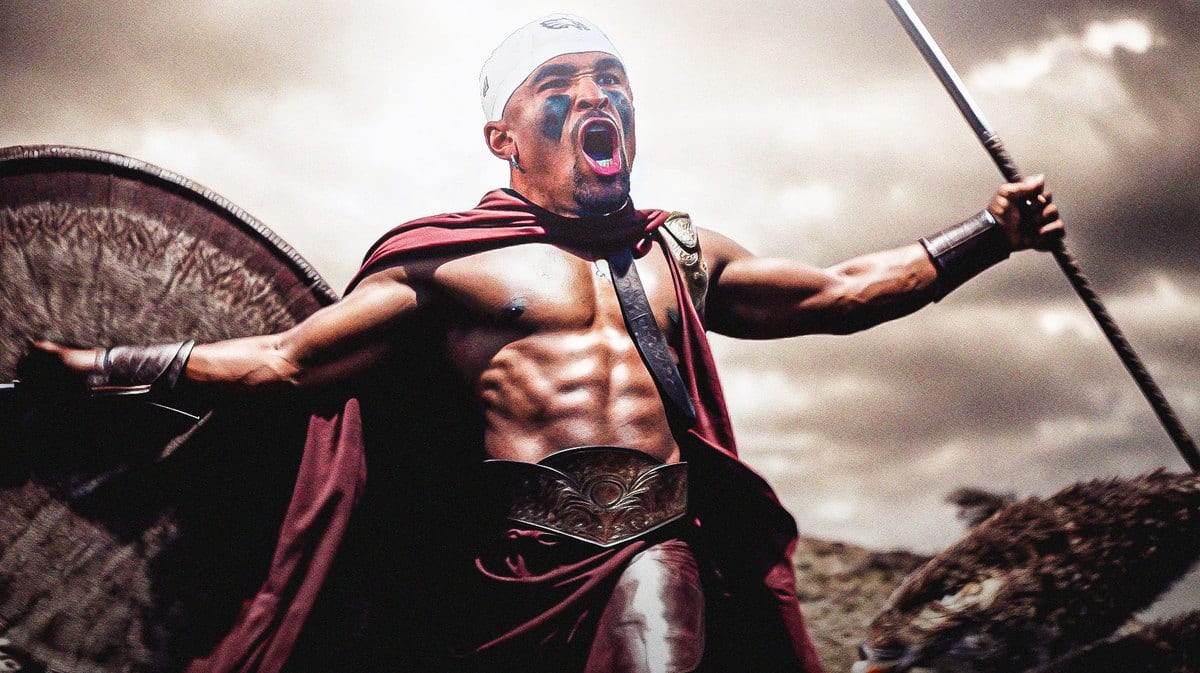 Jalen Hurts of the Eagles as King Leonidas in 300