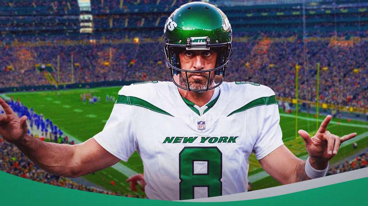New York Jets quarterback Aaron Rodgers in the foreground, with Lambeau Field in the background.