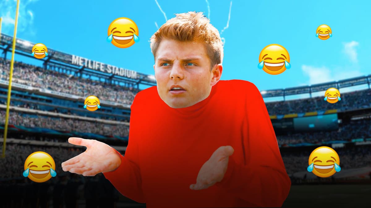 Jets QB Zach Wilson as an old man shrugging, with several laughing emojis in the background