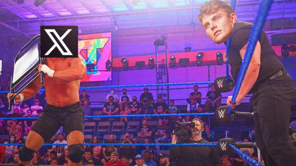 Zach Wilson of the Jets as the guy on the right in black and “X” (formerly Twitter) logo in the face of the guy on the left (with the chair)
