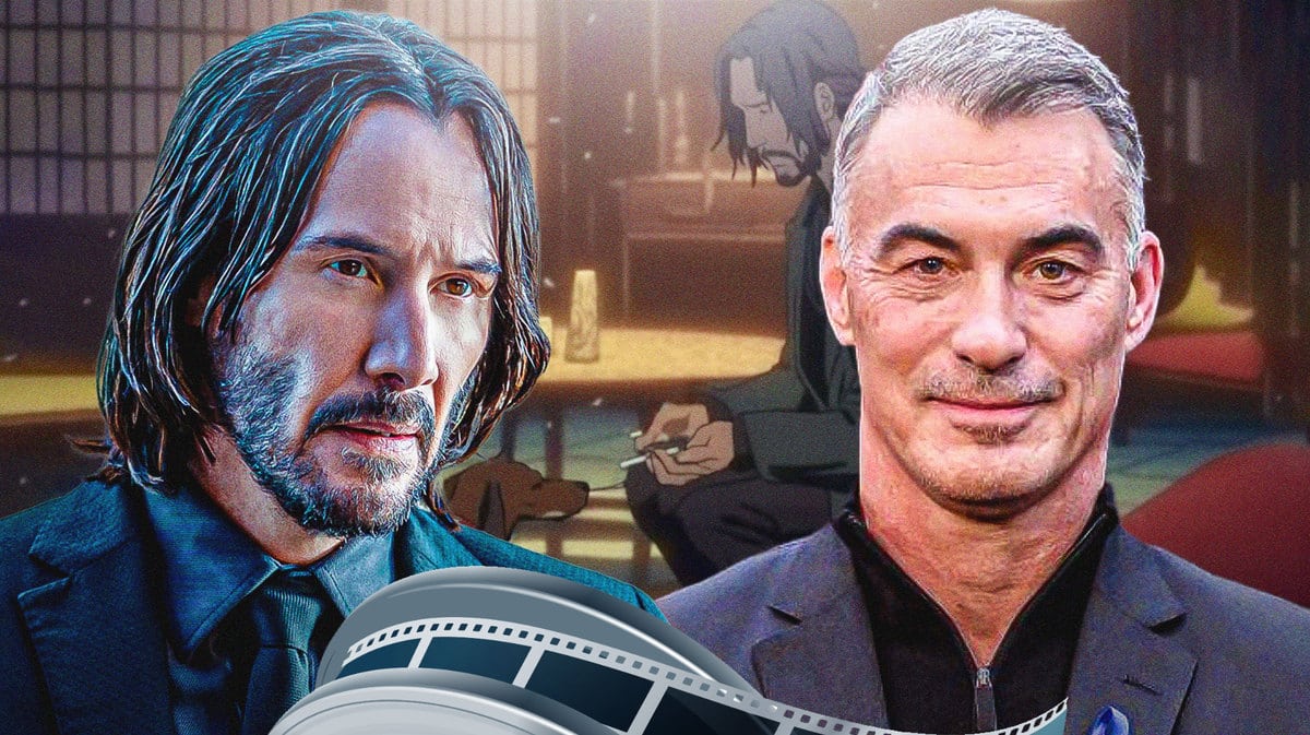 John Wick (Keanu Reeves) and director Chad Stahelski with anime in background.