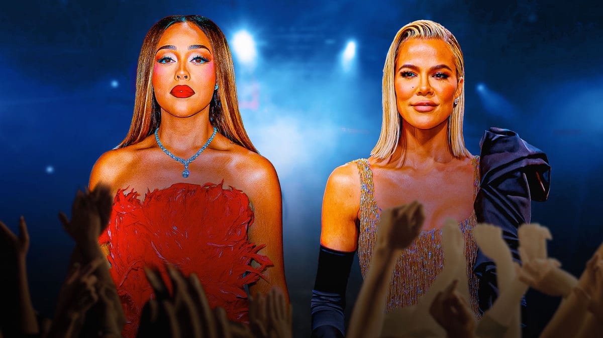 Jordyn Woods and Khloé Kardashian with a spotlight behind them