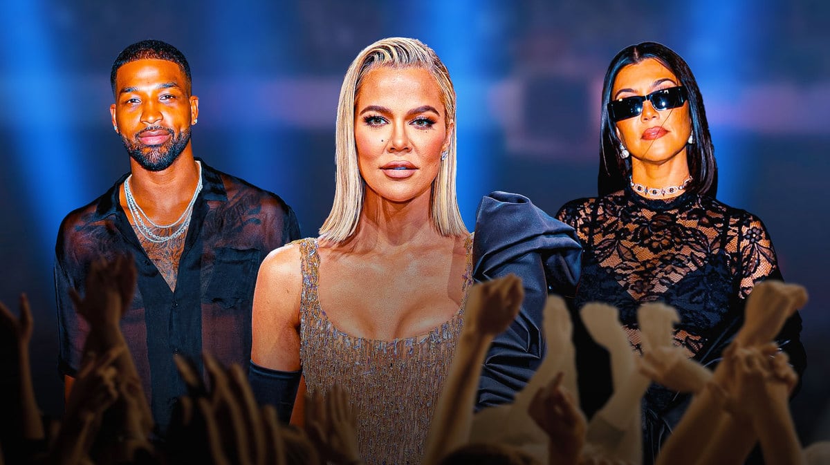 Khloé Kardashian in the middle, Tristan Thompson on the left, and Kourtney Kardashian on the right.