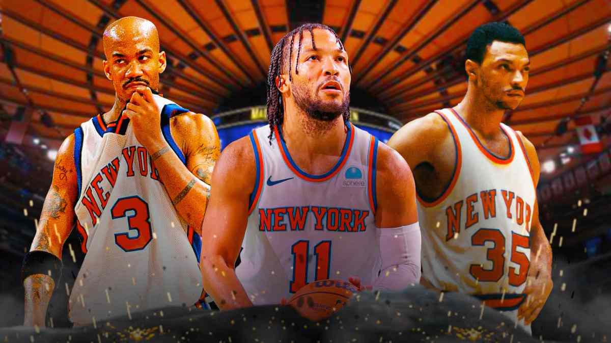 Jalen Brunson with the Knicks arena in the background. Have Walt Frazier on one side of Jalen Brunson and Stephon Marbury on the other side of him
