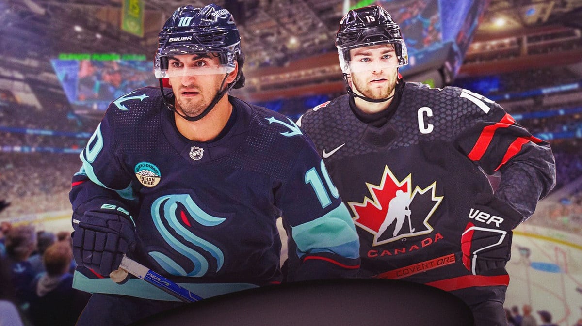 Seattle Kraken star Matty Beniers with recently recalled forward Shane Wright at Climate Pledge Arena