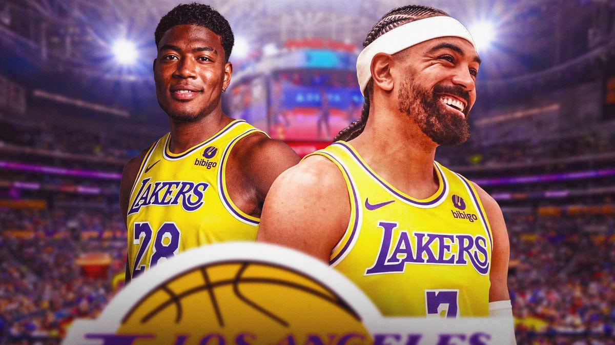 Los Angeles Lakers stars Rui Hachimura and Gabe Vincent in front of Crypto.com Arena.
