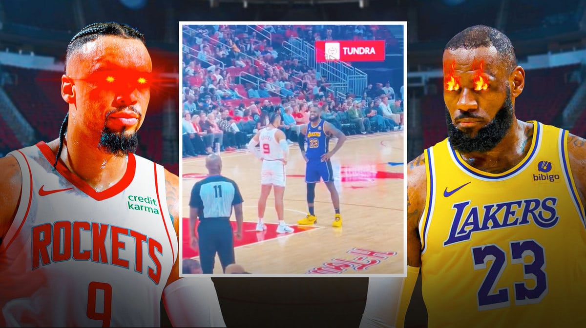 LeBron James of the Lakers with fire in eyes and Dillon Brooks of the Rockets with woke eyes