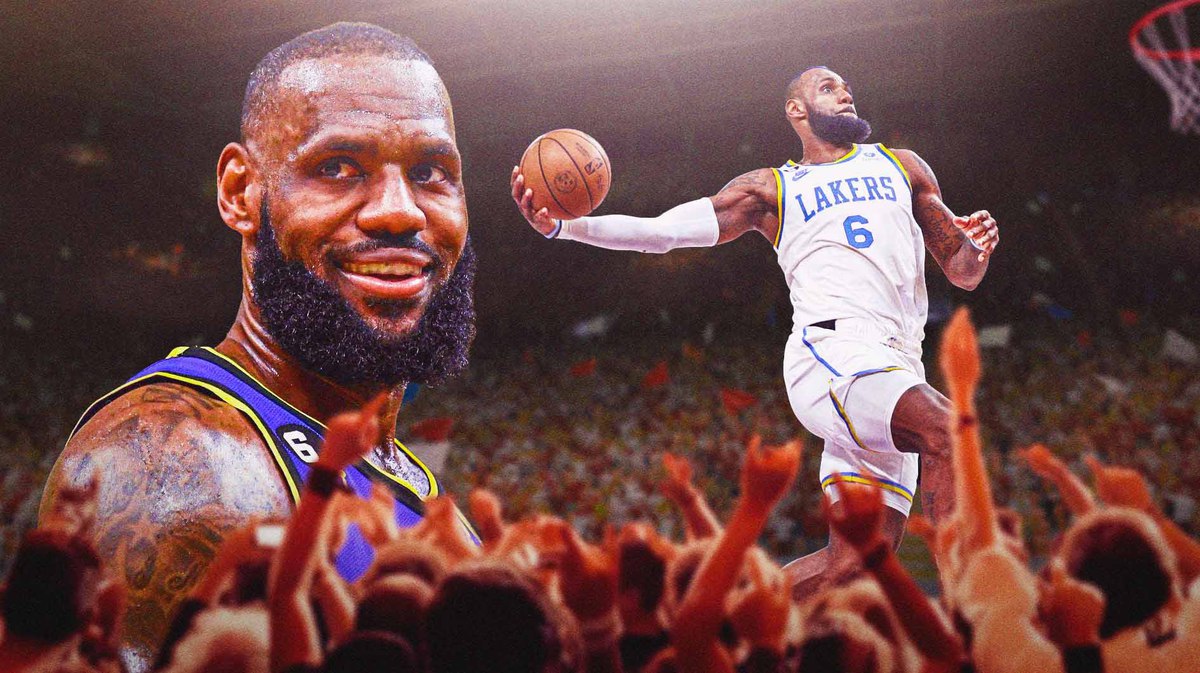Lakers' LeBron James dunking a basketball in background. In front, have Lakers' LeBron James smiling.