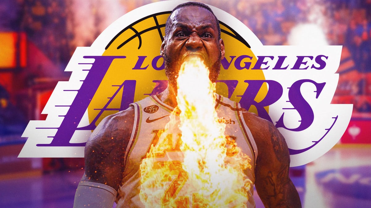 Lakers' LeBron James breathing fire. Lakers logo in background.