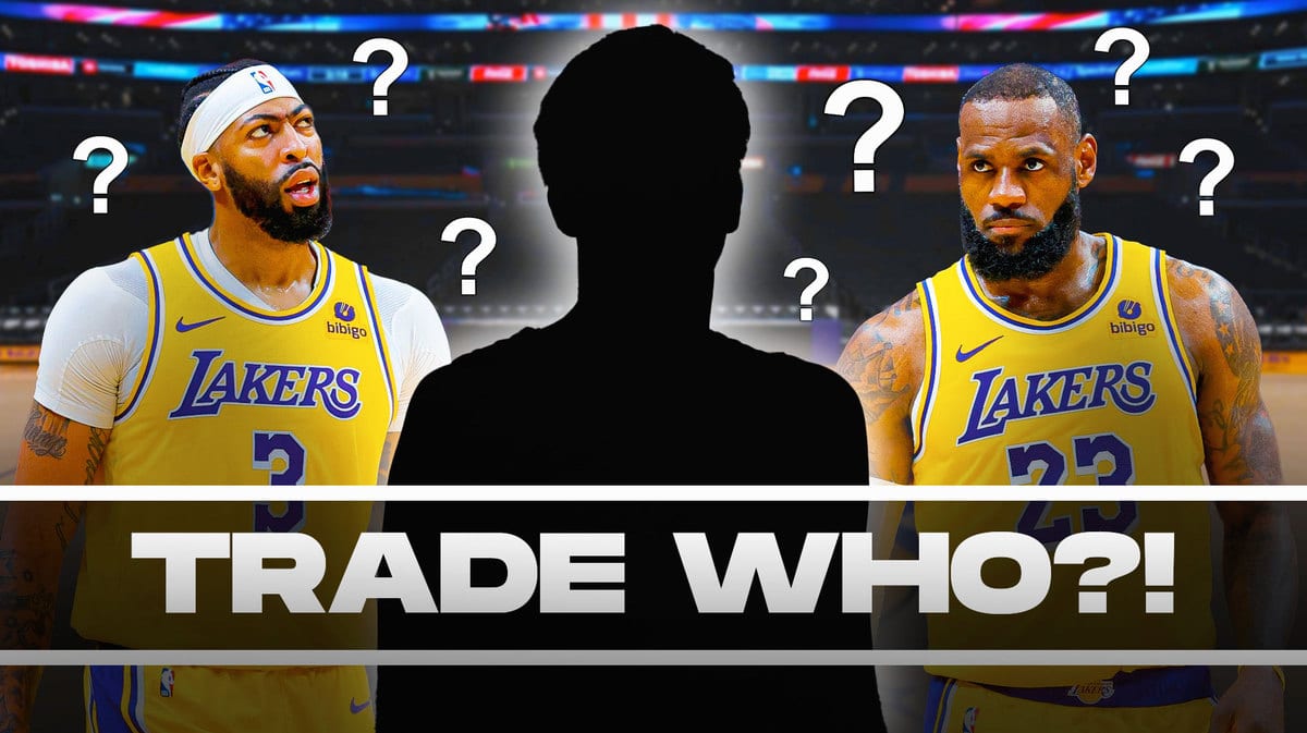 Mystery Player in the middle, LeBron James and Anthony Davis around him, and question marks (❓) in the background.