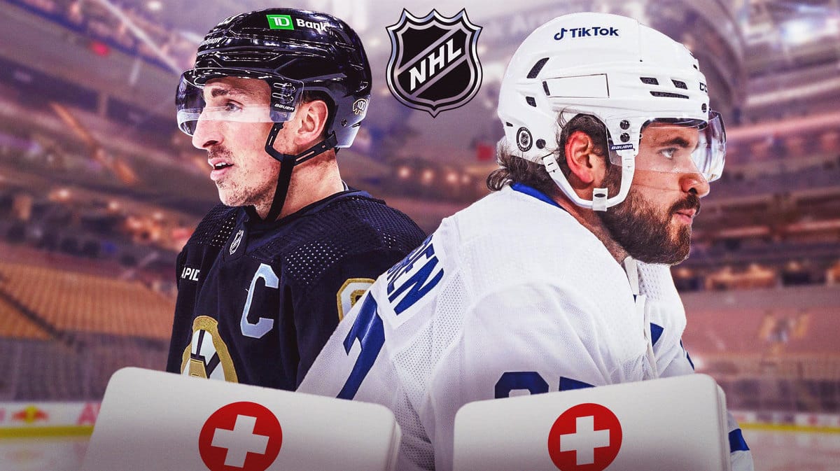 Timothy Liljegren on one side looking stern with first aid kit, Brad Marchand on other side looking stern, NHL logo, hockey rink in background, Boston Bruins Toronto Maple Leafs