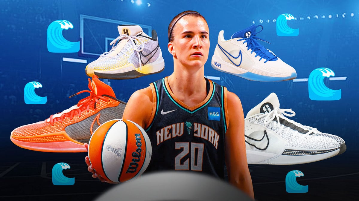 New York Liberty’s player Sabrina Ionescu in the center of the image, surronded by different cut-outs of her Nike shoes, basketballs and the ocean wave emoji