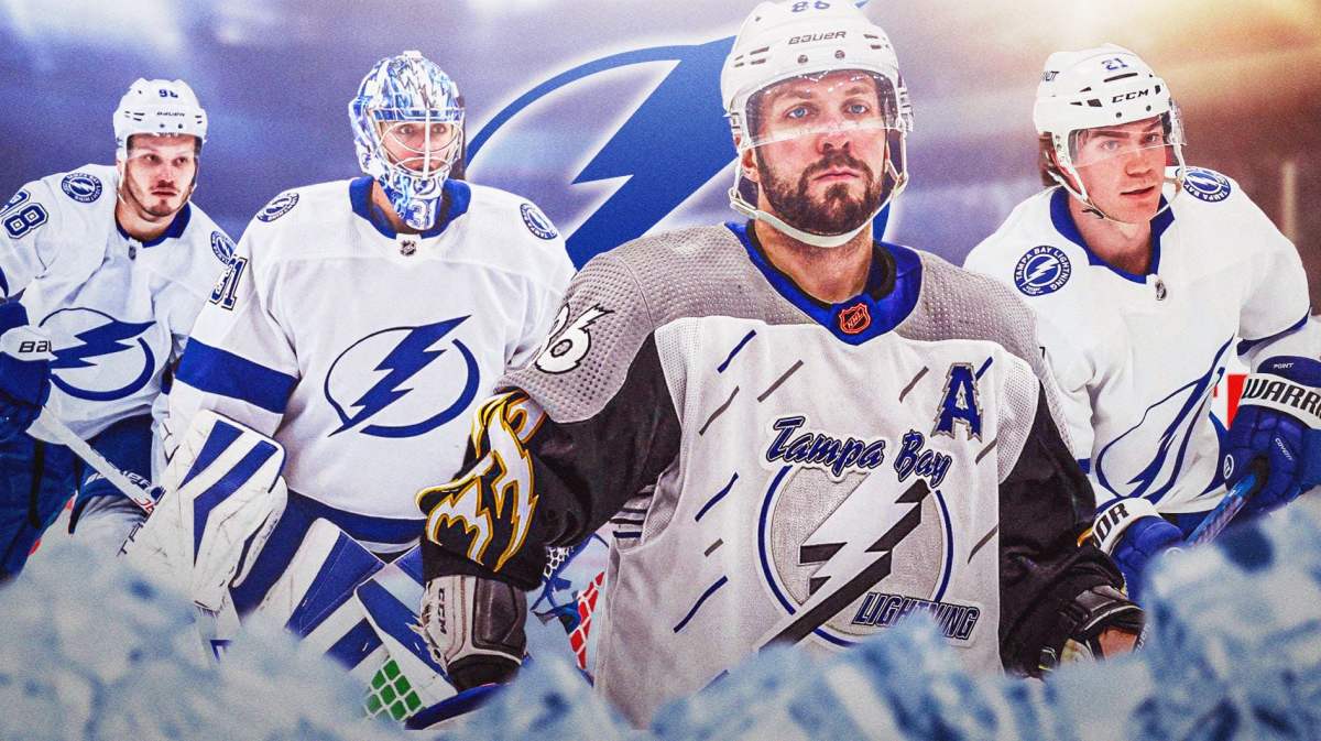 Nikita Kucherov, Brayden Point, Jonas Johansson and Mikhail Sergachev all in image, hockey rink in background, TB Lightning logo