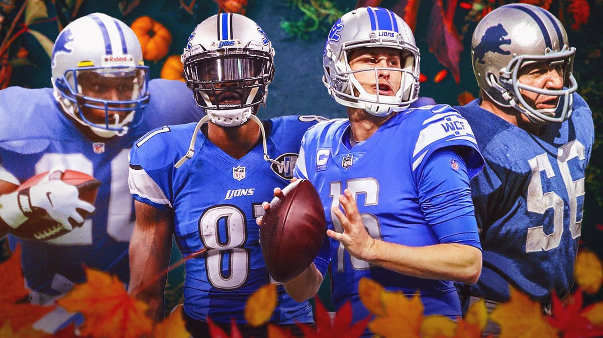 Barry Sanders, Calvin Johnson, Jared Goff, Joe Schmidt all in Lions gear. Thanksgiving themed stuff on the graphic. Turkey/turkey legs, fall leaves, pumpkin etc.