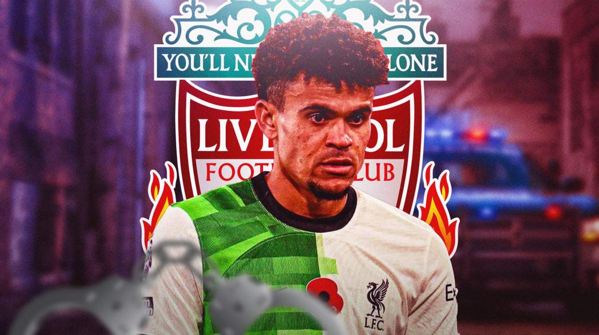 Luis Diaz in front of the Liverpool logo, police lights around him