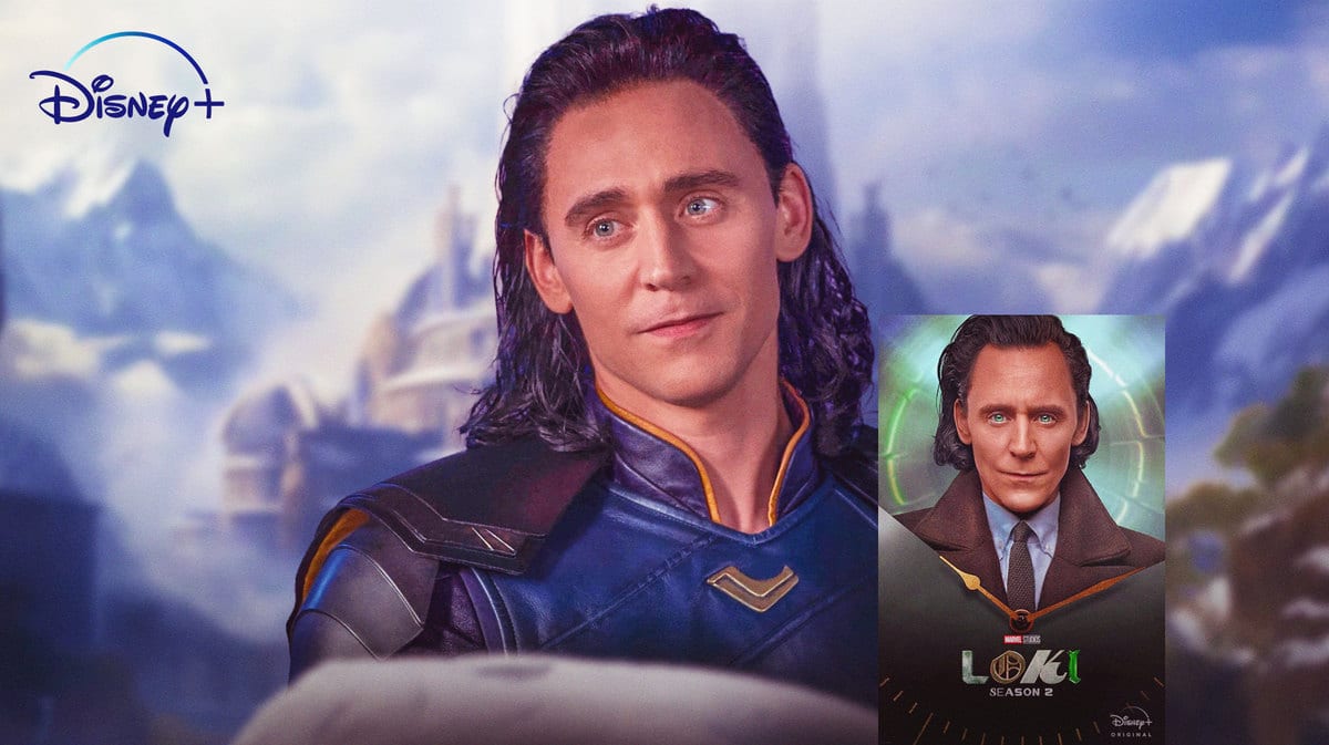 Disney+ logo and Tom Hiddleston as Loki next to Loki Season 2 poster. Mountains background.