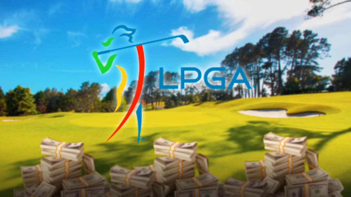 The LPGA logo in front of money because of the $4 million prize in LPGA season finale in 2024