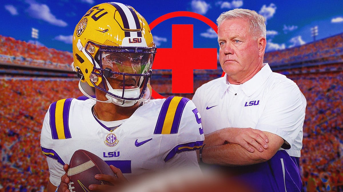 LSU football quarterback Jayden Daniels and head coach Brian Kelly