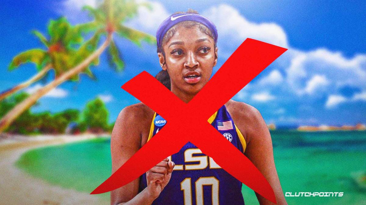 LSU women's basketball player Angel Reese, with an X over her in a tropical location, since she is not in the Cayman Islands with the team