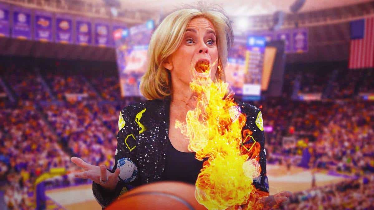 LSU women’s basketball coach Kim Mulkey with flames coming out of her mouth
