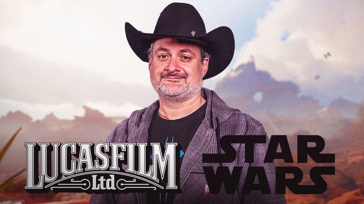 Dave Filoni in front of Lucasfilm and Star Wars logos.