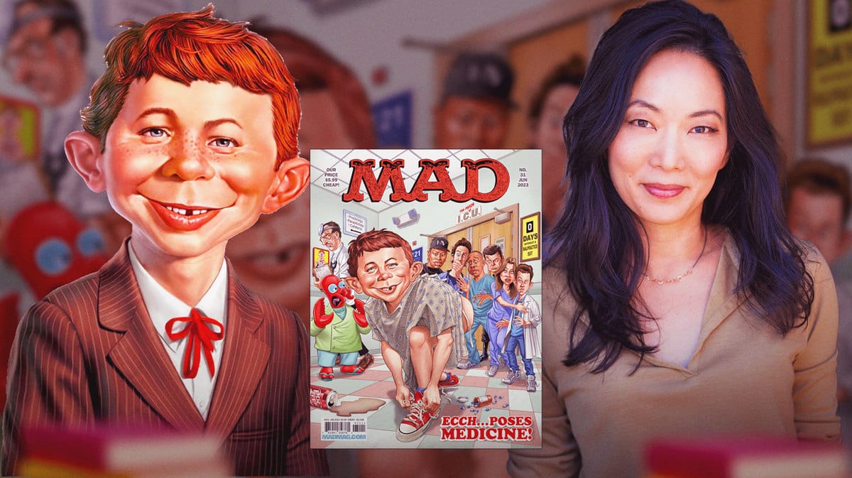 Aflred E Neuman and Jessica Yu with a Mad Magazine.
