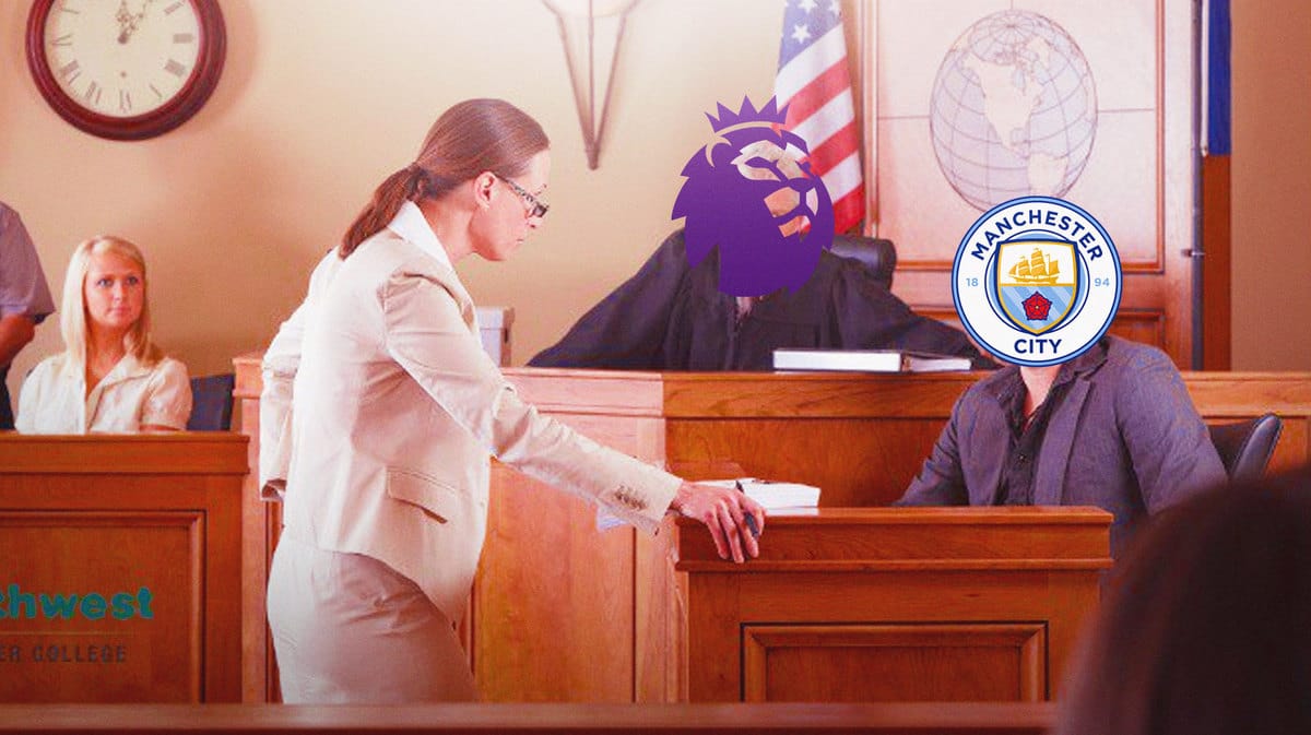 The Manchester City logo as a head of someone sitting in a courthouse, the Premier League logo as the head of the judge