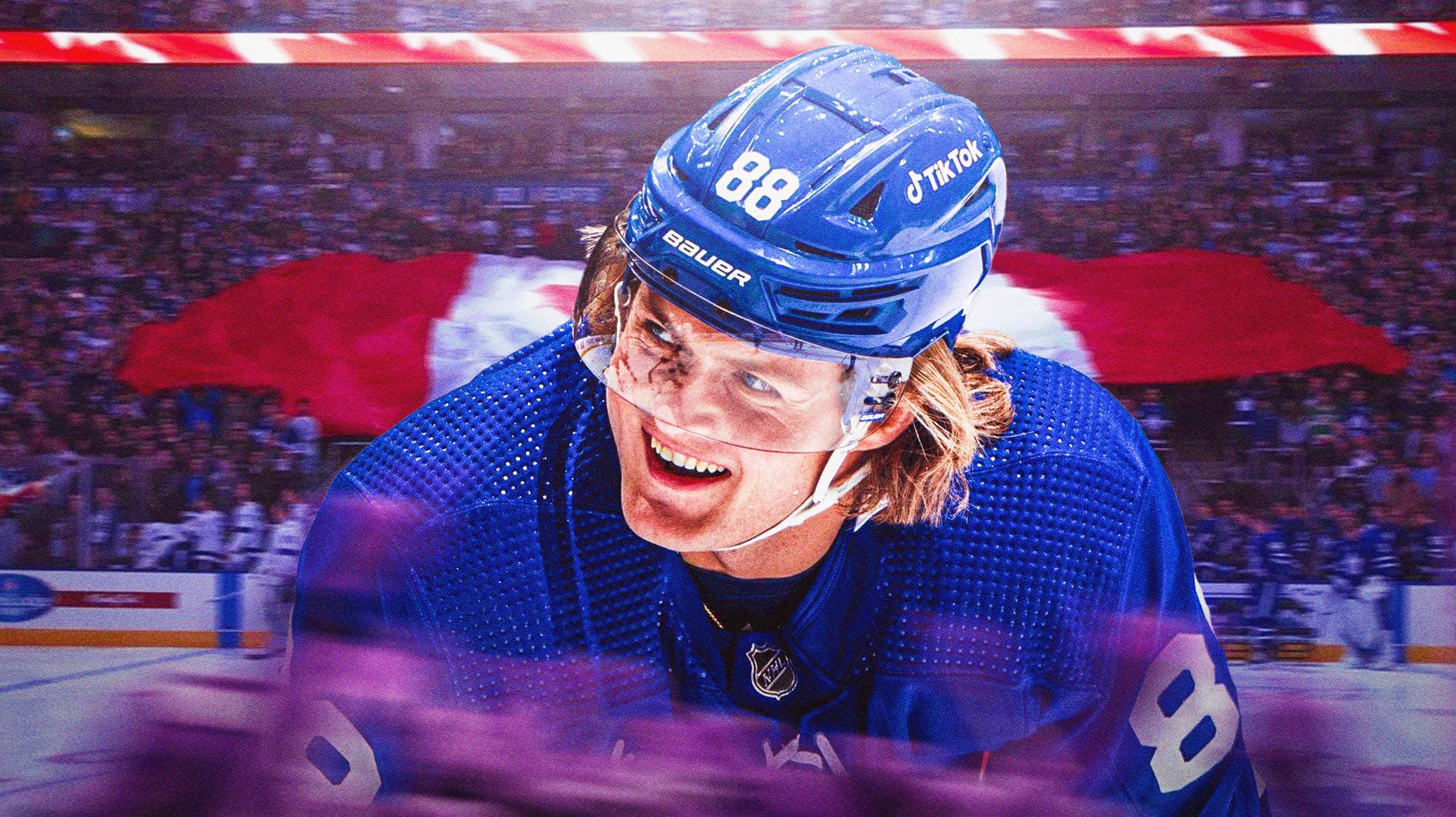 William Nylander smiling with Maple Leafs fans cheering
