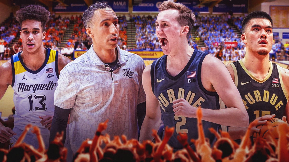 Shaka Smart from Marquette and Zach Edey from Purdue during the Maui Invitational finals