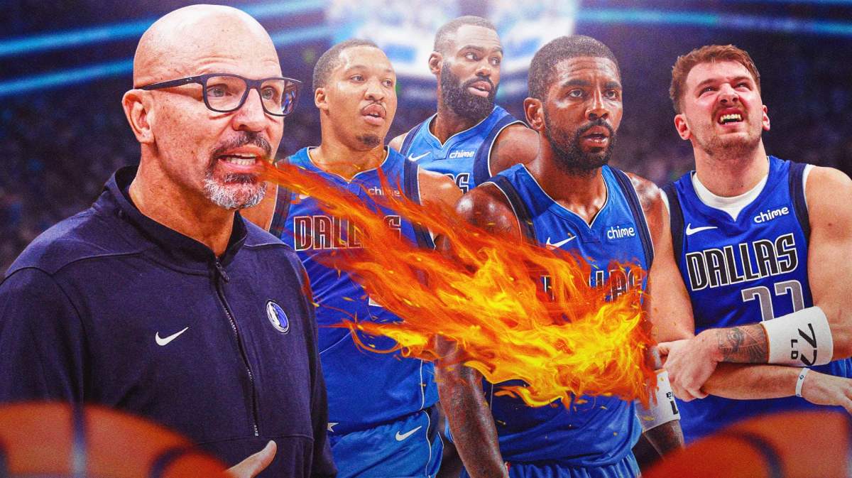 Mavs' Jason Kidd breathing fire at Mavs' Kyrie Irving, Mavs' Luka Doncic, Mavs' Grant Williams, Mavs' Tim Hardaway Jr.
