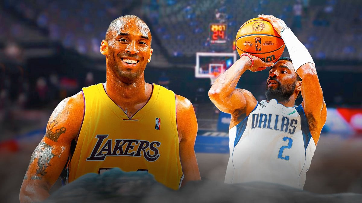 Mavs' Kyrie Irving shooting a basketball in background. Lakers' Kobe Bryant in front.