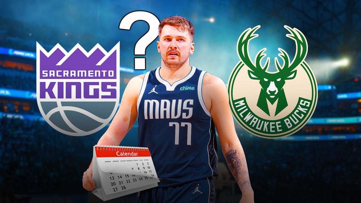Luka Doncic holding a calendar, while having question marks above his head. Kings and Bucks logos in the background