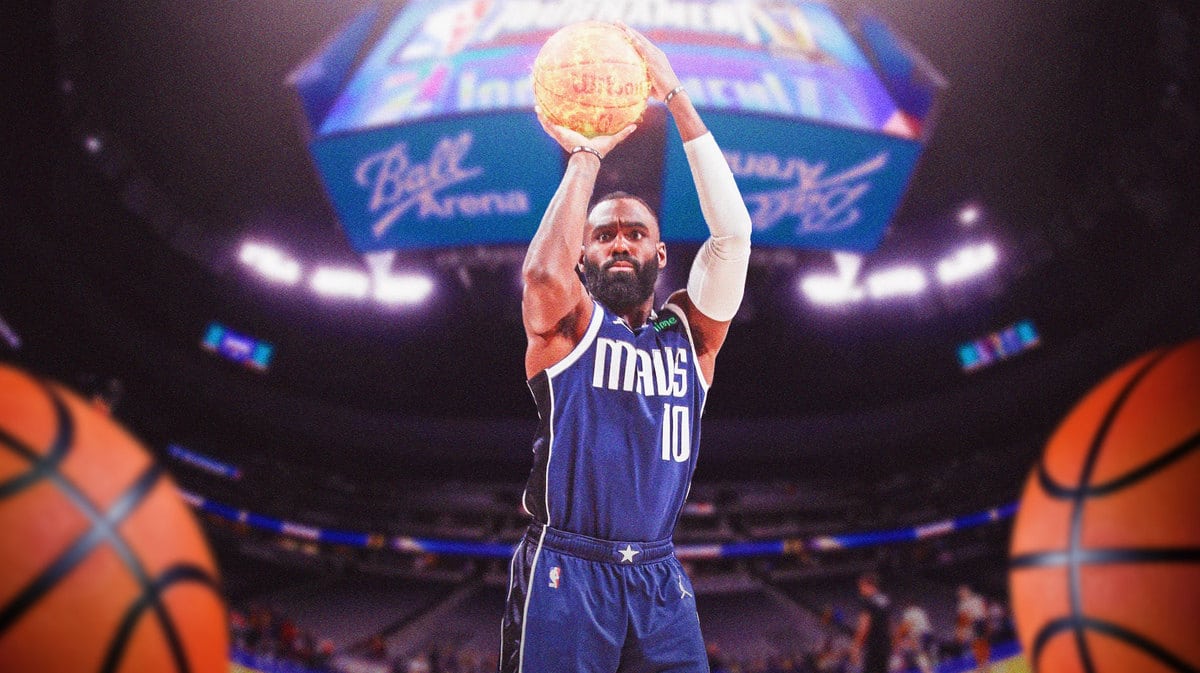 Mavs' Tim Hardaway Jr. shooting a basketball. Place fire coming off the basketball