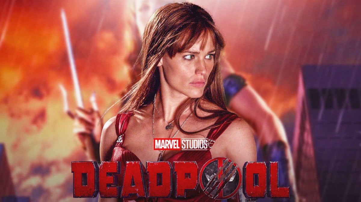 Jennifer Garner as Elektra behind MCU Deadpool 3 logo.