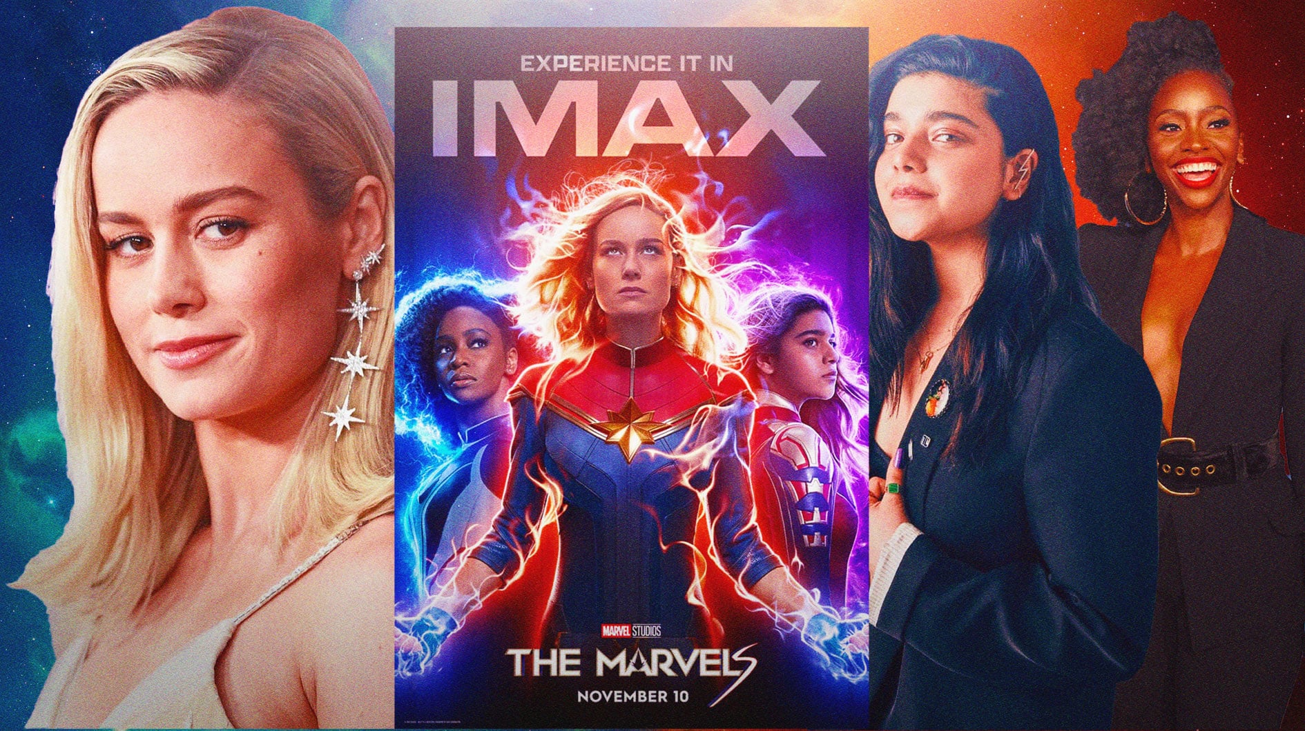 The Marvels MCU poster, Brie Larson, Iman Vellani, Teyonah Parris.