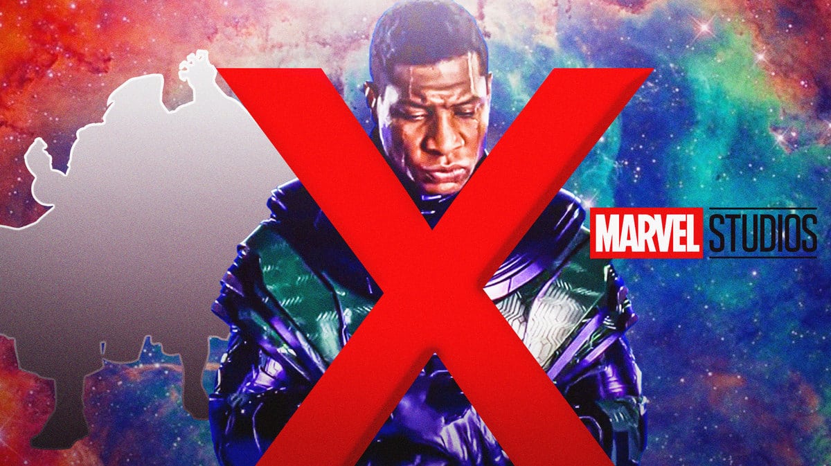 Dr. Doom, Kang (Jonathan Majors) crossed out, and Marvel Studios (MCU) logo with space background.