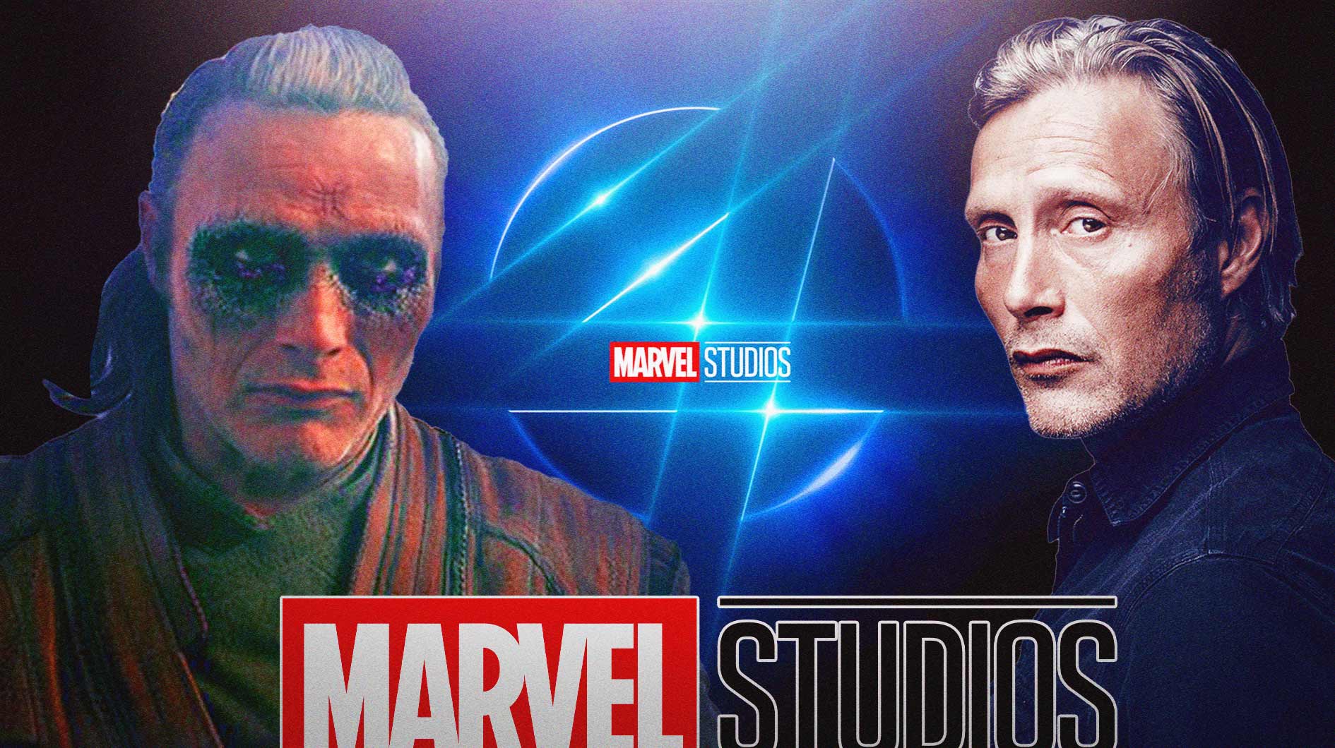 Mads Mikkelsen normal and in Doctor Strange and MCU Fantastic Four background.