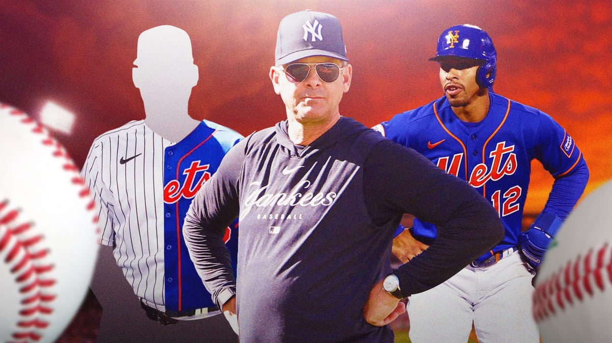 Yankees' Aaron Boone, Mets' Francisco Lindor looking at the silhouette of Carlos Mendoza. Have Mendoza’s silhouette wearing a shirt that is half Yankees and half Mets logos.
