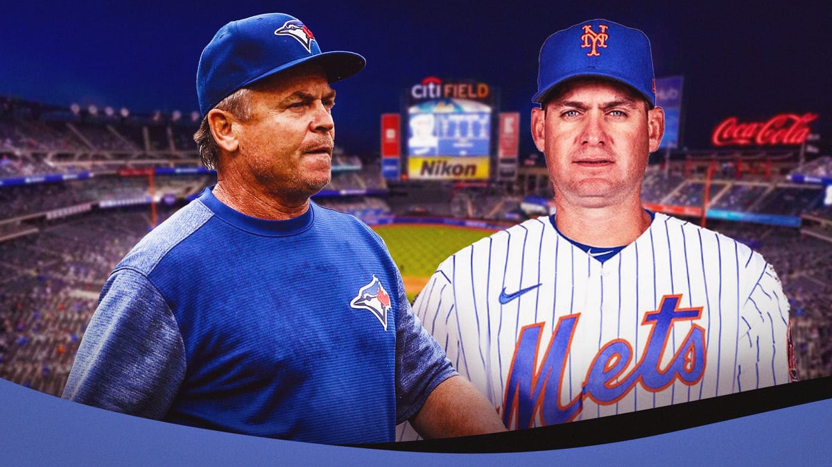 New York Mets new manager Carlos Mendoza (in Mets gear please) and John Gibbons (in Toronto Blue Jays uniform is okay.)