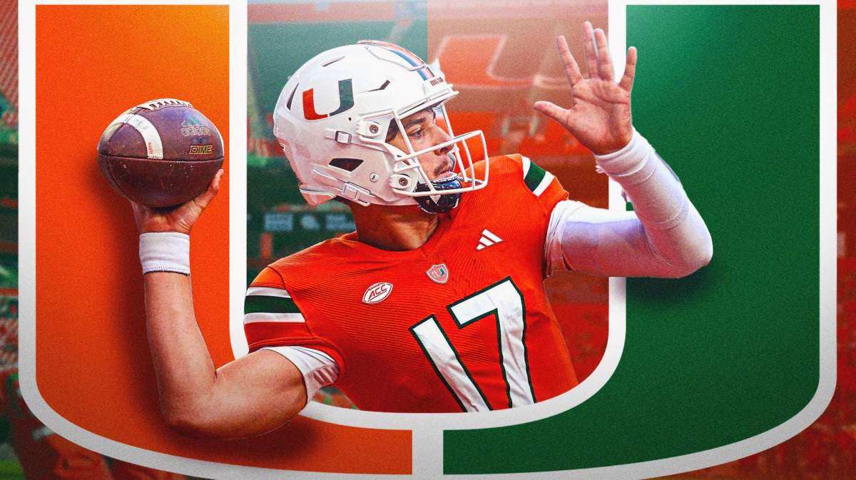 Miami Florida quarterback Emory Williams in the foreground. Background of Miami logo.