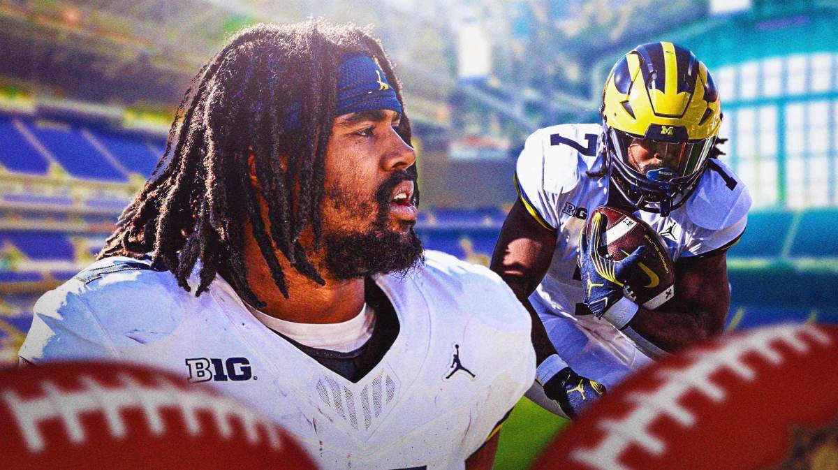 Michigan football, Donovan Edwards, Wolverines, Iowa football, Hawkeyes, Donovan Edwards in Michigan uni with Lucas Oil Stadium in the background