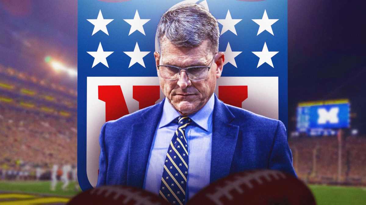 Michigan football, Wolverines, Jim Harbaugh, Jim Harbaugh rumors, Jim Harbaugh NFL, Jim Harbaugh and NFL logo with Michigan football stadium in the background