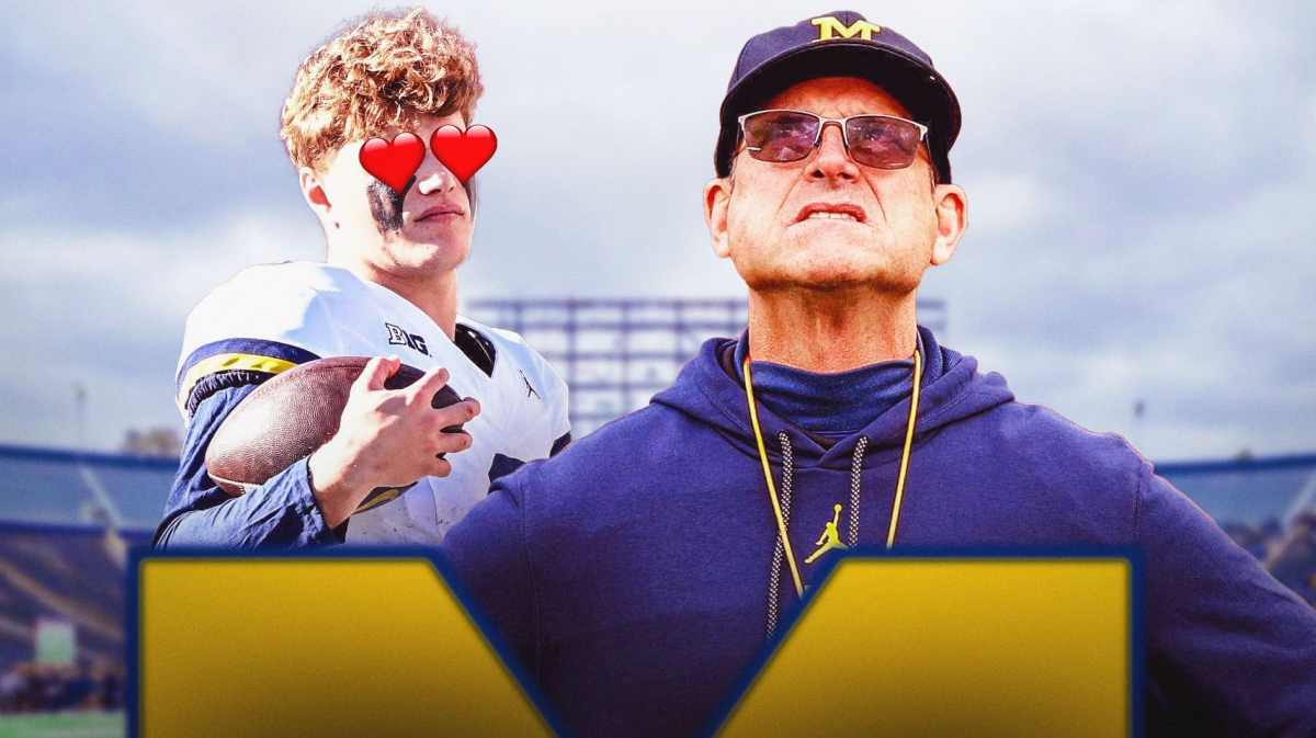 JJ McCarthy with heart eyes, Jim Harbaugh