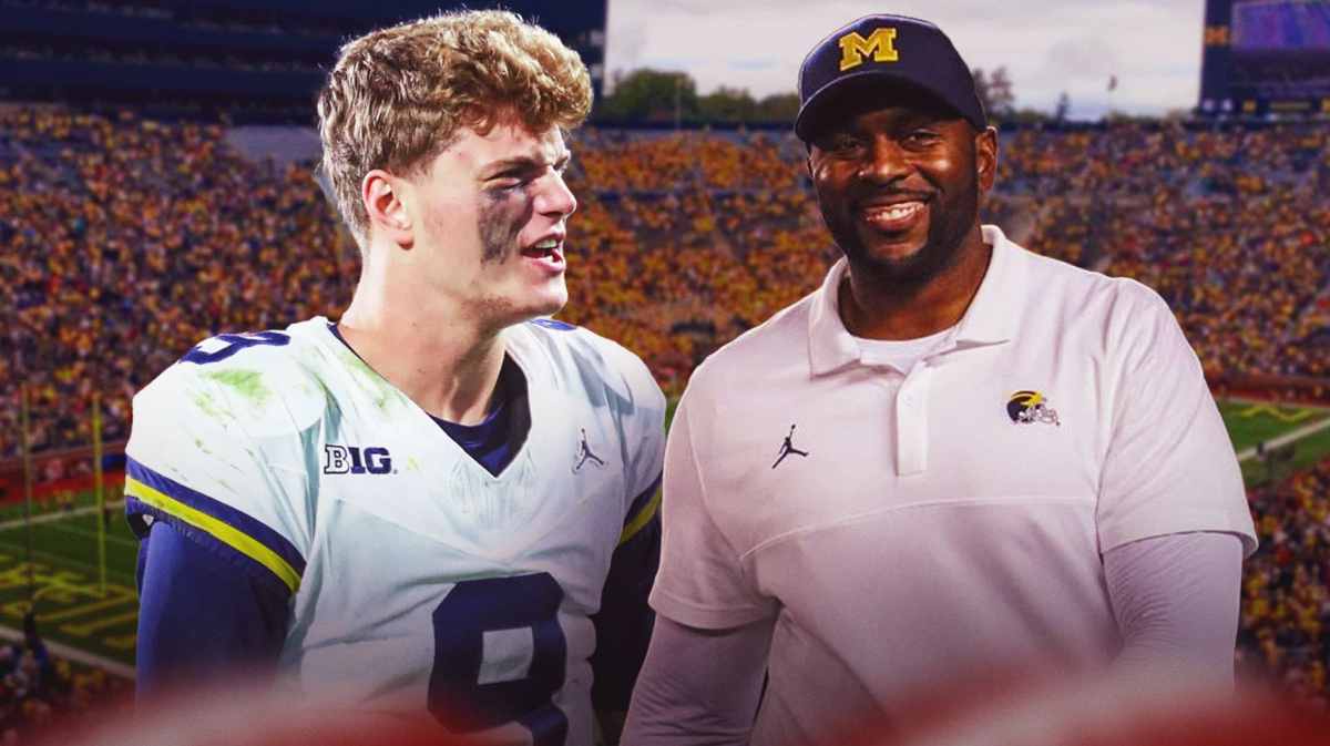 Michigan football, Wolverines, Penn State football, JJ McCarthy, Sherrone Moore, JJ McCarthy and Sherrone Moore with Penn State football stadium in the background