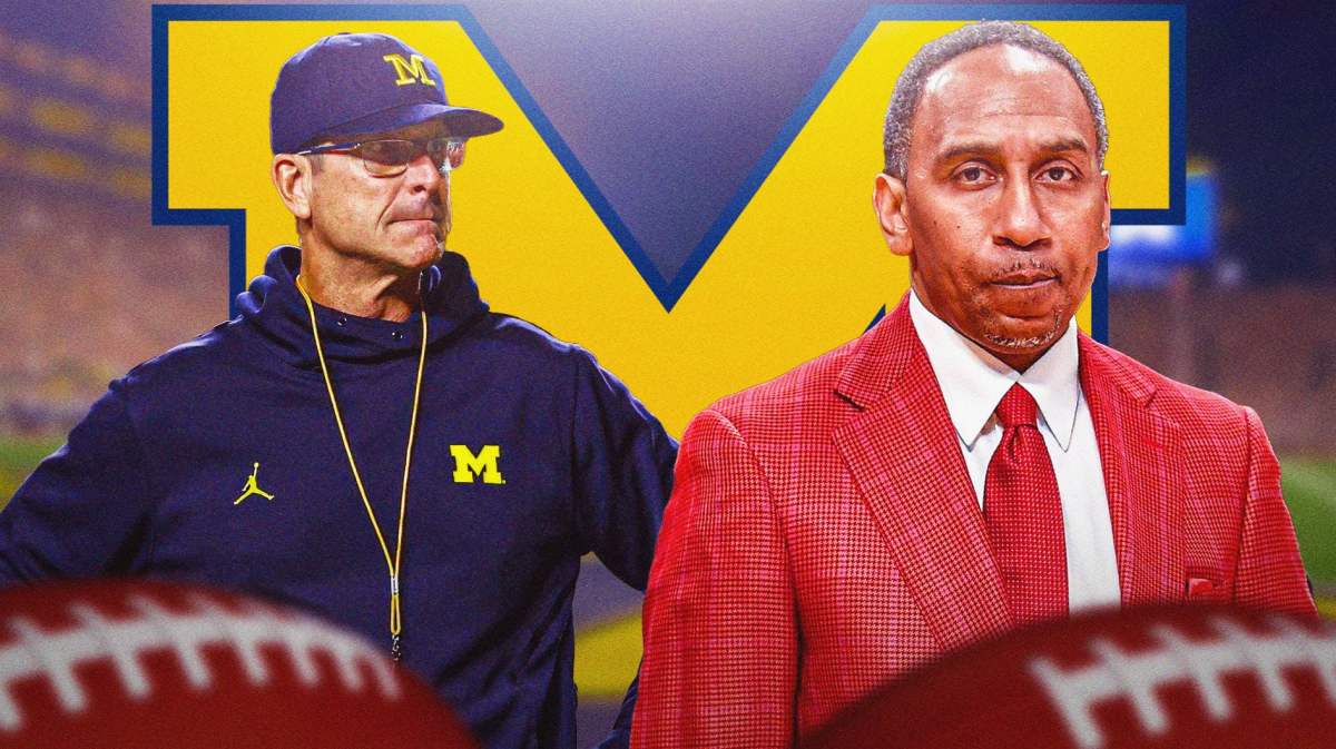 Michigan football, Wolverines, Stephen A Smith, Connor Stalions, Michigan football investigation, Stephen A Smith and Jim Harbaugh with Michigan football stadium in the background