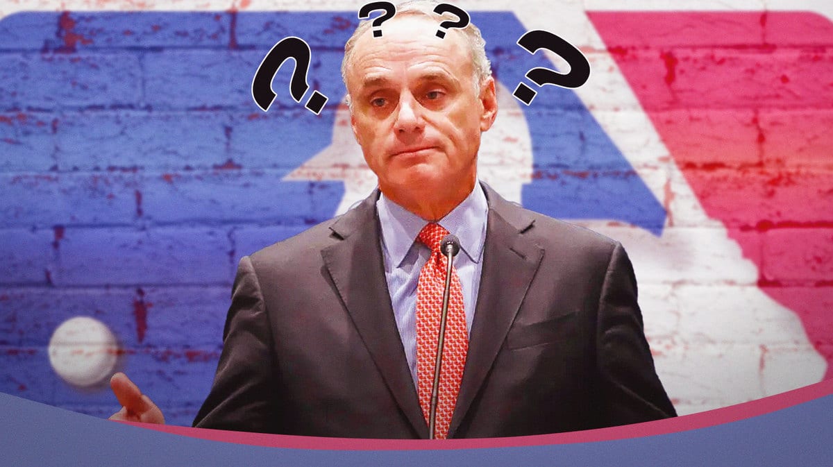 MLB Commissioner Rob Manfred with several question marks above his head