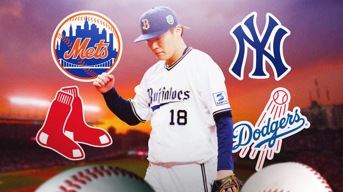 Yoshinobu Yamamoto, Yankees, Mets, Red Sox, Dodgers logos