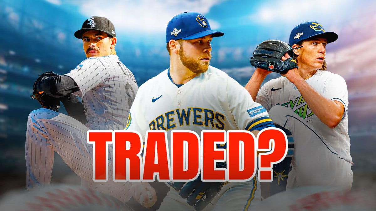 Corbin Burnes, Dylan Cease and Tyler Glasnow all pitching Caption “Traded?” at the bottom