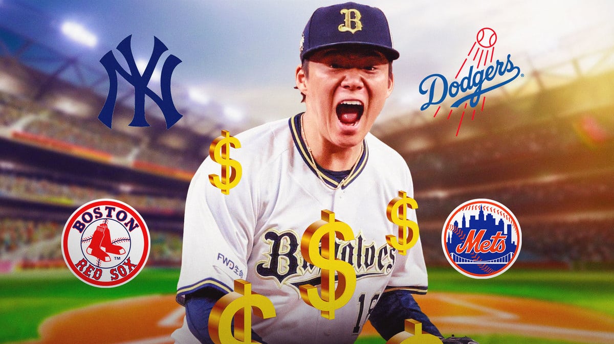Yoshinobu Yamamoto with dollar bills flying. Yankees, Red Sox, Mets, Dodgers logos